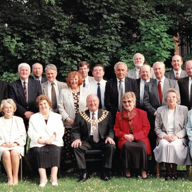 Photograph showing the Councillors representing Hetton Town Council 1997 to 1998. The Chairman is wearing the Town Councils Civic Chains.
