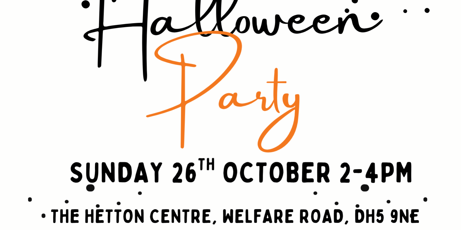 Halloween Party Poster Halloween party flyer with pumpkins, bats, and event details on a white background with black webs.