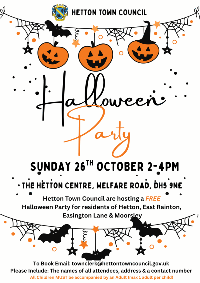 Halloween party flyer with pumpkins, bats, and event details on a white background with black webs.