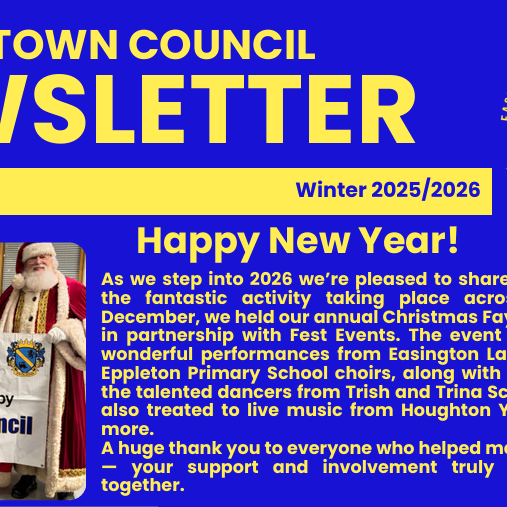 Newsletter from Hetton Town Council with Santa and Mrs. Claus in front of a Christmas tree.