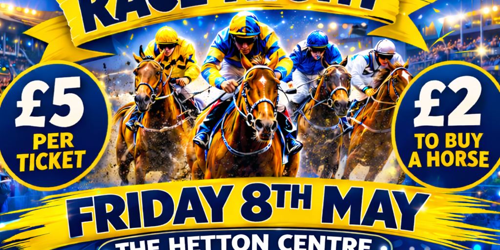 Colorful poster for Mayor’s Charity Race Night with horse racing, prices, and event details.