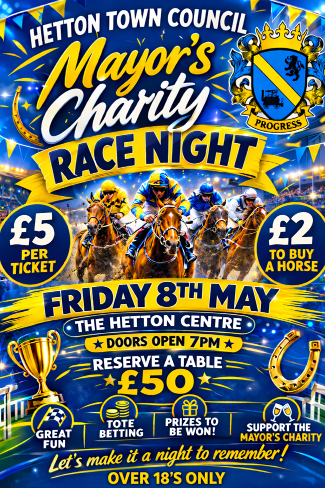 Colorful poster for Mayor’s Charity Race Night with horse racing, prices, and event details.