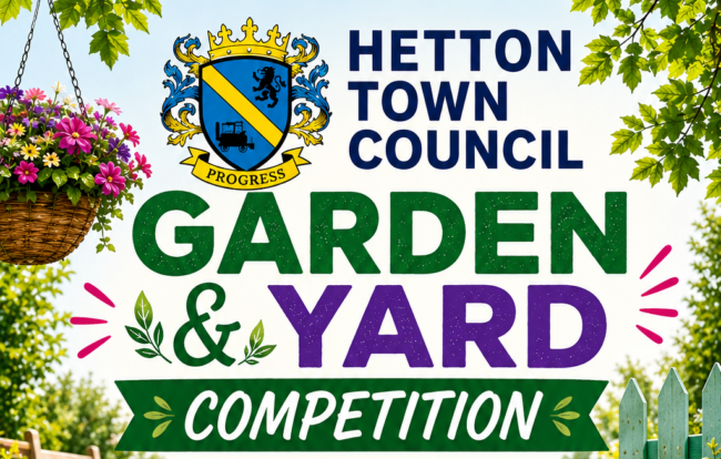 Hetton Town Council Garden & Yard Competition sign with flowers, crest, and leafy background.